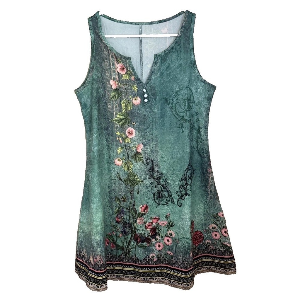Green Floral Sleeveless Shift Dress S Boho Retro Border Print Artsy Art to Wear